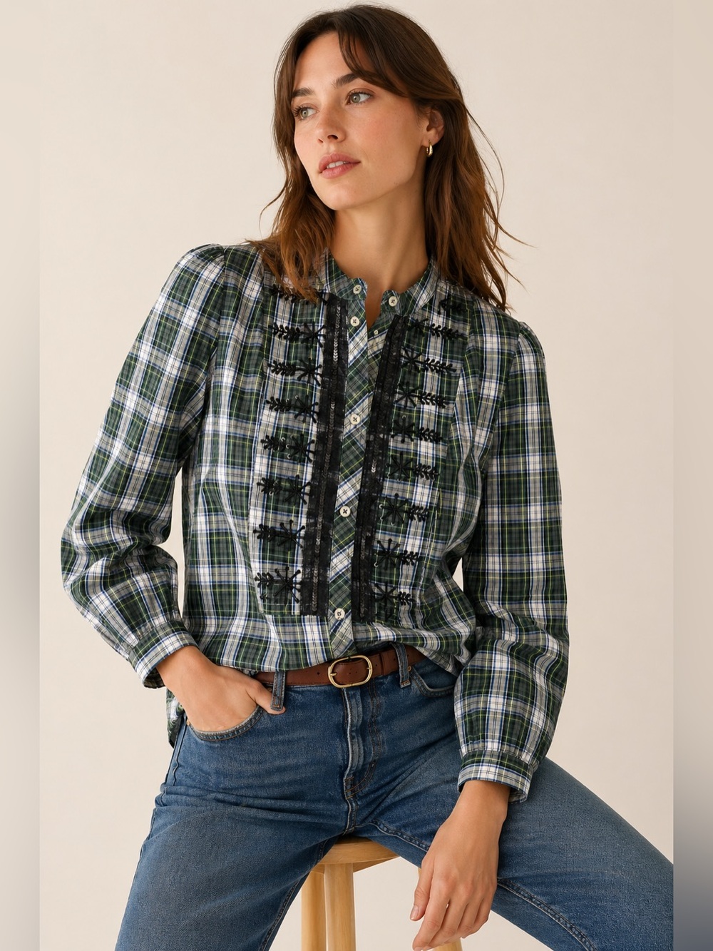 J.Crew Tall Small Plaid Embroidered Bib Blouse Cotton Button Front Green TS